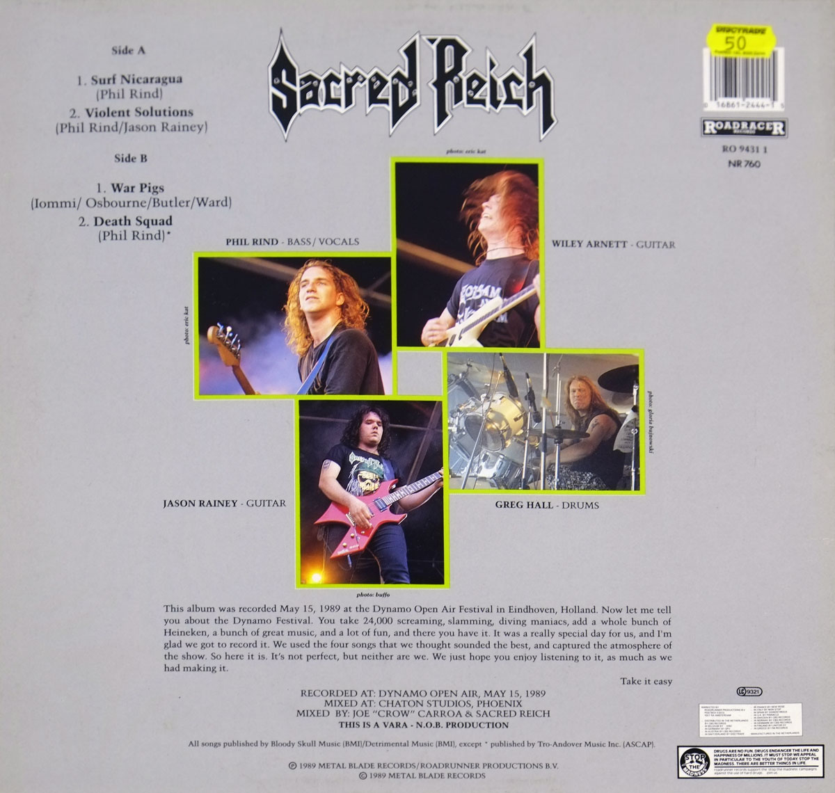 The back cover of Sacred Reich’s Alive at Dynamo album. The design includes four color photographs of the band members, each highlighted with a yellow-green border, showing them in action during the performance.